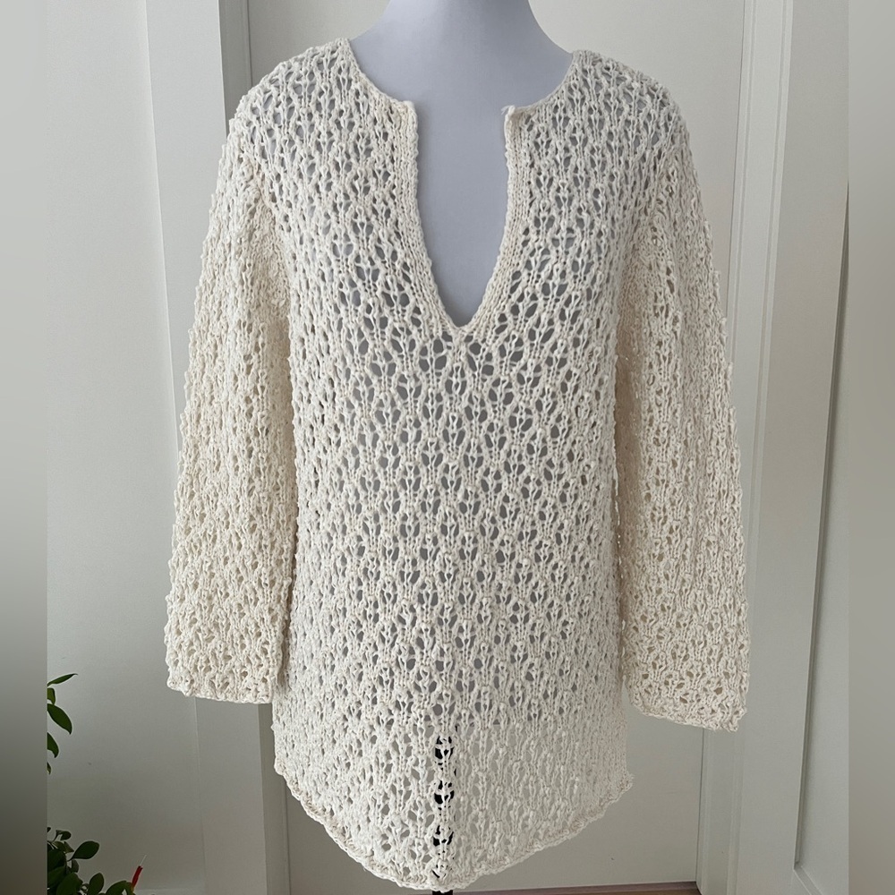 SIGRID OLSEN Lacy Knit Crochet Pullover Sweater V Neck Side Slits Boho Travel